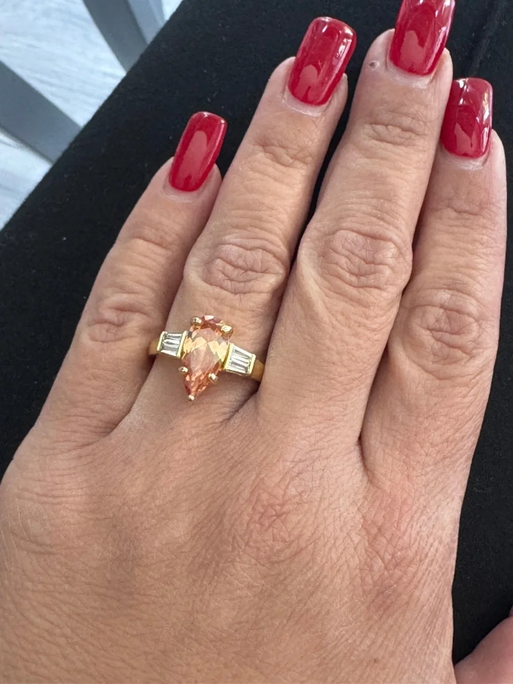 Fashion Statement Ring Amber Center w/ Side Baguettes- Size 9